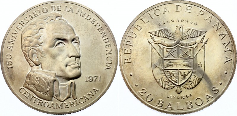 Panama 20 Balboas 1971
KM# 29; Silver (.925) 129.6g 61mm; 150th Anniversary of ...