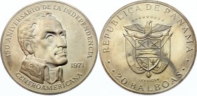 Panama 20 Balboas 1971
KM# 29; Silver (.925) 129.6g 61mm; 150th Anniversary of the Independence of Central America; UNC