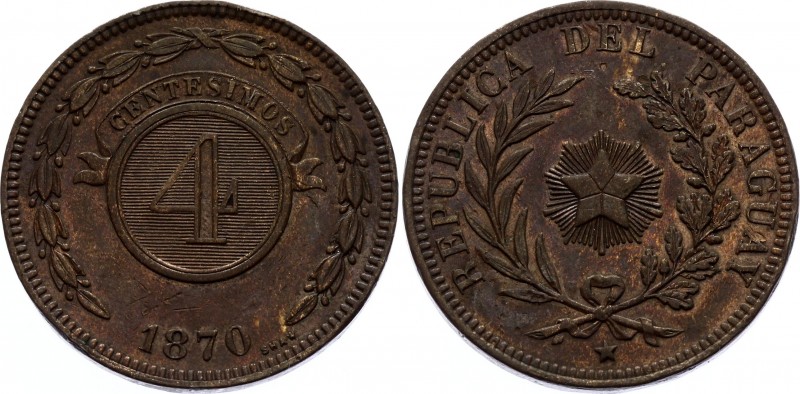 Paraguay 4 Centesimos 1870 SHAW
KM# 4.1 Birmingham Mint (UK); bow tying wreaths...
