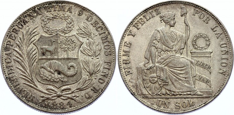 Peru 1 Sol 1884
KM# 196; Silver; XF with Nice Toning!