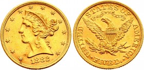 United States 5 Dollars 1882
KM# 101; Gold (.900) 8.35g 21.6mm; Liberty / Coronet Head - Half Eagle" (With motto)