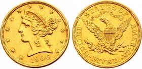 United States 5 Dollars 1906
KM# 101; Gold (.900) 8.35g 21.6mm; Liberty / Coronet Head - Half Eagle" (With motto)
