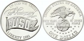 United States 1 Dollar 1991 S
KM# 232; Silver Proof; 50th Anniversary of the United Service Organizations