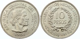Uruguay 10 Pesos 1961
KM# 43; Silver; Sesquicentennial of Revolution Against Spain; UNC