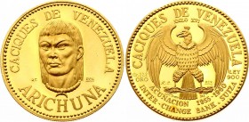 Venezuela 60 Bolivares 1961 ARICHUNA
Series: 16th Century Chiefs, 1955-1960; Obv: Condor Obv. Legend: CACIQUES DE VENEZUELA; Rev: Two heads jugate al...