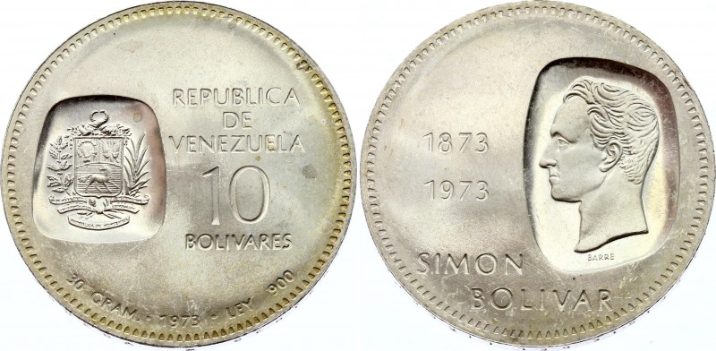 Venezuela 10 Bolivares 1973
Y# 45; Silver; Centennial of Simon Bolivar in coins...