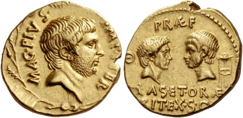 Sextus Pompeius. Aureus, Sicily 37-36, AV 7.86 g. MAG·PIVS· – IMP·ITER Bearded a...