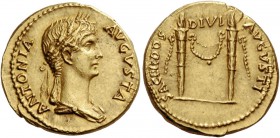 Antonia, wife of Nero Claudius Drusus. Aureus circa 41-45, AV 7.79 g. ANTONIA – AVGVSTA Draped bust r., wearing crown of corn ears. Rev. SACERDOS -– D...