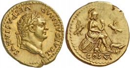 Titus caesar, 69 – 79. Aureus 77-78, AV 7.34 g. T CAESAR IMP – VESPASIANVS Laureate head r. Rev. Roma seated r. on shields, l. foot over helmet, holdi...