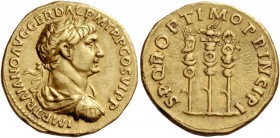 Trajan, 98 – 117. Aureus circa 113-114, AV 7.27 g. IMP TRAIANO AVG GER DAC P M TR P COS VI P P Laureate, draped and cuirassed bust r. Rev. S P Q R OPT...