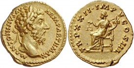 Marcus Aurelius, 161 – 180. Aureus 167-168, AV 7.29 g. M ANTONINVS AVG – ARM PARTH MAX Laureate head r. Rev. TR P XXII IMP V COS III Aequitas seated l...
