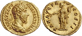 Lucius Verus, 161 – 169. Aureus 166, AV 7.26 g. L VERVS AVG – ARM PARTH MAX Laureate, draped and cuirassed bust r. Rev. PAX AVG TR – P VI COS II Pax s...