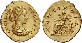 Lucilla, wife of Lucius Verus. Aureus circa 166-169, AV 7.28 g. LVCILLA – AVGVSTA Draped bust r. Rev. CONCORDIA Concordia seated l., holding patera in...