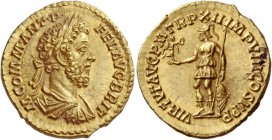 Commodus, sole reign 180 – 192. Aureus 187-188, AV 7.28 g. M COMM ANT P – FEL AVG BRIT Laureate, draped and cuirassed bust r. Rev. VIRTVT AVG P M TR P...