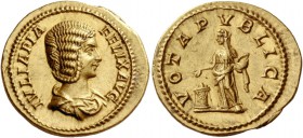 Julia Domna, wife of Septimius Severus and mother of Caracalla and Geta. Aureus 211, AV 7.34 g. IVLIA PIA – FELIX AVG Draped bust r., her hair arrange...
