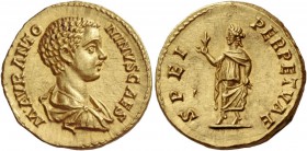Caracalla caesar, 195 – 198. Aureus 196, AV 7.25 g. M AVR ANTO – NINVS CAES Bareheaded, draped and cuirassed bust r. Rev. SPEI – PERPETVAE Spes advanc...