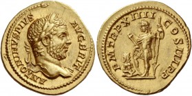 Caracalla augustus, 198 – 217. Aureus 211, AV 7.44 g. ANTONINVS PIVS – AVG BRIT Laureate head r. Rev. P M TR P XIIII – COS III P P Emperor standing l....