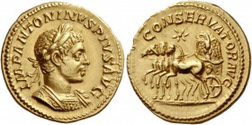 Elagabalus, 218 – 222. Aureus 220, AV 6.70 g. IMP ANTONINVS PIVS AVG Laureate and cuirassed bust r., with drapery on l. shoulder. Rev. CONSERVATOR AVG...