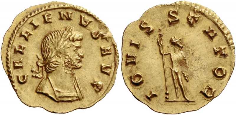 Gallienus, sole reign 260 – 268. Quinarius 262, AV 1.61 g. GALLIENVS AVG Laureat...