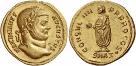 Maximianus Herculius, 286 – 308. Aureus, Antiochia circa 293-295, AV 5.34 g. MAXIMIANVS – AVGVSTVS Laureate head r. Rev. CONSVL IIII PP PRO COS The Em...