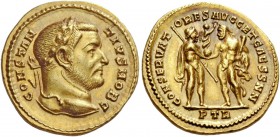Constantius I Chlorus caesar, 293 – 305. Aureus, Trier 303, AV 5.15 g. CONSTANTIVS NOB C Laureate head r. Rev. CONSERVA – TORES AVGG ET CAESS NN Jupit...