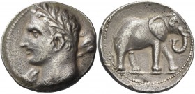 Iberia, Cartago Nova (Carthagena). Hispano-Carthaginian issues. 1 ½ shekel circa 221-206, AR 11.06 g. Laureate head (Melqart or Hannibal) l., with clu...