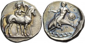 Calabria, Tarentum. Nomos circa 344-340, AR 7.92 g. Horse r.; behind, helmeted warrior holding spear and shield. In r. field, close to the horse’s bre...