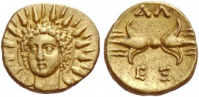 Calabria, Tarentum. Obol under Alexander the Molossian circa 334-333, AV 0.65 g. Radiate head of Helios facing. Rev. AΛ / EΞ Thunderbolt. Vlasto 1864....