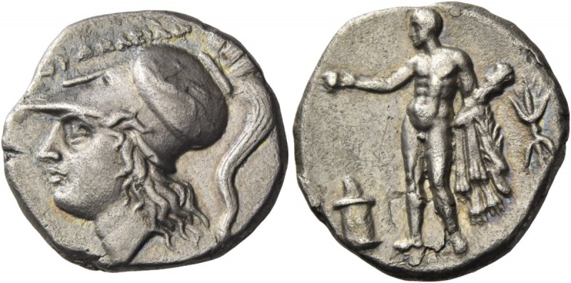 Lucania, Heraclea. Nomos circa 276-250 BC, AR 6.09 g. HPAKΛEIΩN Head of Athena l...