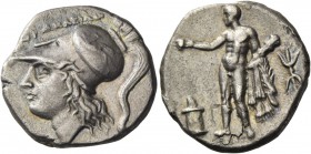 Lucania, Heraclea. Nomos circa 276-250 BC, AR 6.09 g. HPAKΛEIΩN Head of Athena l., wearing Corinthian helmet, decorated with griffin. Rev. Heracles st...