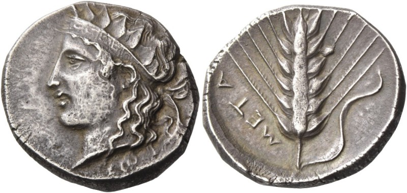 Metapontum. Nomos circa 400-380, AR 7.61 g. Head of Dionysus l., wearing diadem ...