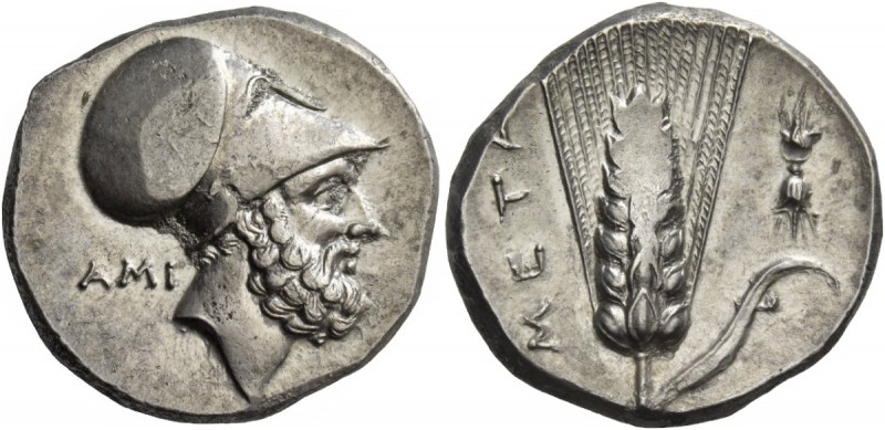 Metapontum. Nomos circa 340-330, AR 7.79 g. Head of Leucippus r., wearing Corint...