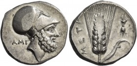 Metapontum. Nomos circa 340-330, AR 7.79 g. Head of Leucippus r., wearing Corinthian helmet; behind, AMI. Rev. META Ear of barley with leaf to r., abo...