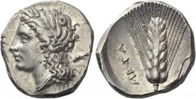 Metapontum. Nomos circa 290-280, AR 7.89 g. Head of Demeter l., wearing earring and barley wreath; behind, ΔΙ (?). Rev. META Ear of barley, with leaf ...