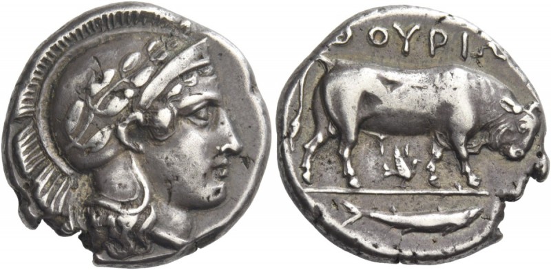 Thurium. Nomos circa 443-400 BC, AR 7.88 g. Head of Athena r., wearing Attic hel...