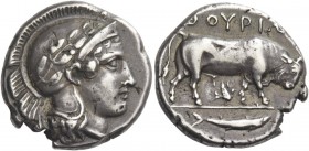 Thurium. Nomos circa 443-400 BC, AR 7.88 g. Head of Athena r., wearing Attic helmet; above, [Φ]. Rev. ΘΟΥΡΙΩ[Ν] Bull walking r.; below, bird. In exerg...