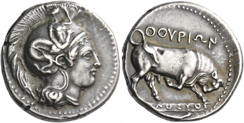 Thurium. Nomos signed by Molossos circa 400-350, AR 7.54 g. Head of Athena r., w...