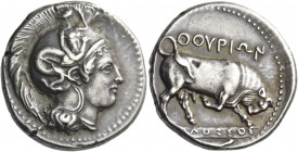 Thurium. Nomos signed by Molossos circa 400-350, AR 7.54 g. Head of Athena r., wearing crested Attic helmet decorated with Scylla scanning. Rev. ΘΟΥΡΙ...