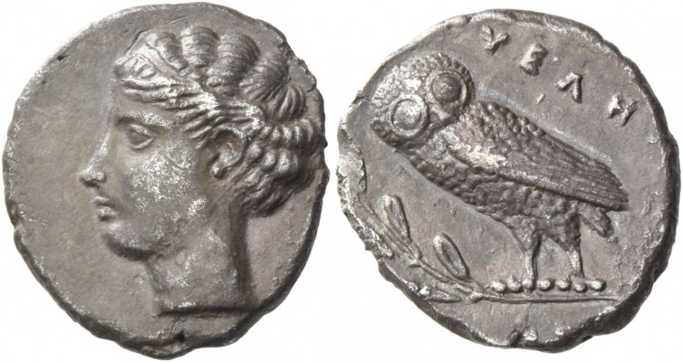 Velia. Drachm circa 440-425, AR 3.81 g. Head of nymph l., hair bound with fillet...