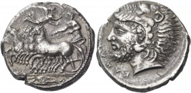 Camarina. Tetradrachm circa 415-400, AR 16.16 g. Fast quadriga driven l. by charioteer, holding reins; above, Nike flying r. to crown him. In exergue,...