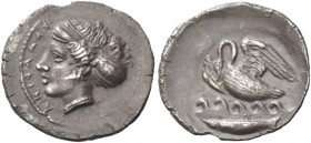Camarina. Litra circa 410-405, AR 0.85 g. ΚΑΜΑΡΙΝΑ Head of nymph Kamarina l. , wearing sphendone decorated with star, ampyx, spiral earring and neckla...