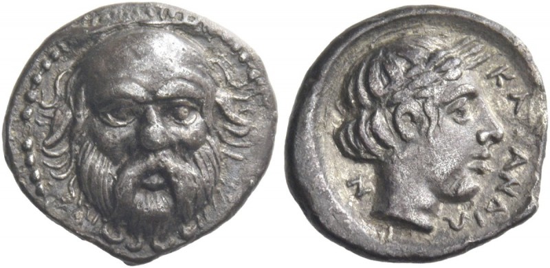 Catana. Hemidrachm circa 410-405, AR 1.91 g. Head of Silenus facing. Rev. ΚΑΤΑΝΑ...