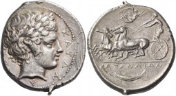Catana. Tetradrachm circa 405, AR 17.27 g. KATAN – A – IΩΝ Laureate head of Apollo r. Rev. Fast quadriga driven l. by charioteer holding kentron and r...