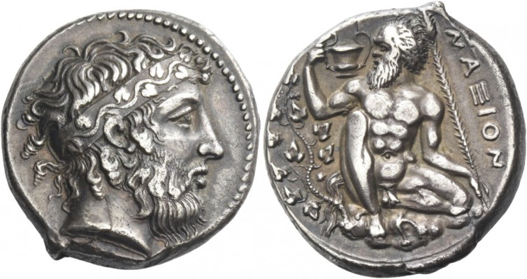 Naxos. Tetradrachm, circa 415, AR 17.14 g. Bearded head of Dionysus r., hair bou...