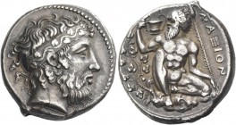 Naxos. Tetradrachm, circa 415, AR 17.14 g. Bearded head of Dionysus r., hair bound with stephane adorned with ivy-wreath. Rev. Bearded, naked Silenus,...
