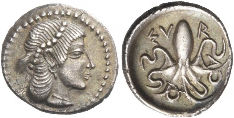 Syracuse. Litra circa 466-460, AR 0.85 g. Pearl-diademed head of Arethusa r. Rev...