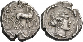 Syracuse. Tetradrachm circa 460-440, AR 17.44 g. Slow quadriga driven r. by charioteer, holding reins and kentron; above, Nike flying r. to crown the ...