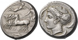 Syracuse. Tetradrachm signed by Eu… and Eukleidas circa 410, AR 17.27 g. Prancing quadriga driven l. by charioteer holding kentron and reins and leani...