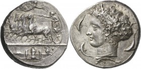 Syracuse. Decadrachm signed by Kimon circa 404-400, AR 43.33 g. Fast quadriga driven l. by charioteer, holding reins and kentron; in field above, Nike...
