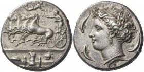 Syracuse. Decadrachm signed, by Euainetos circa 400 BC, AR 42.71 g. Fast quadriga driven l. by charioteer, holding reins and kentron; in field above, ...